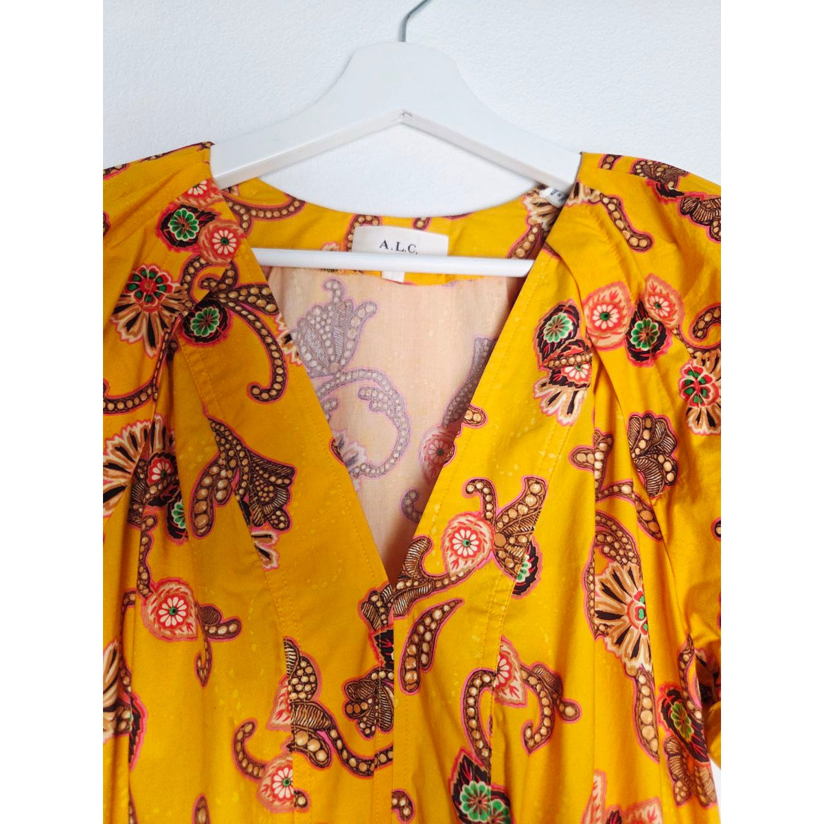 A.L.C. Mia Mini Dress 0 XS Yellow Paisley Puff Sleeves Drawstring Waist Pockets