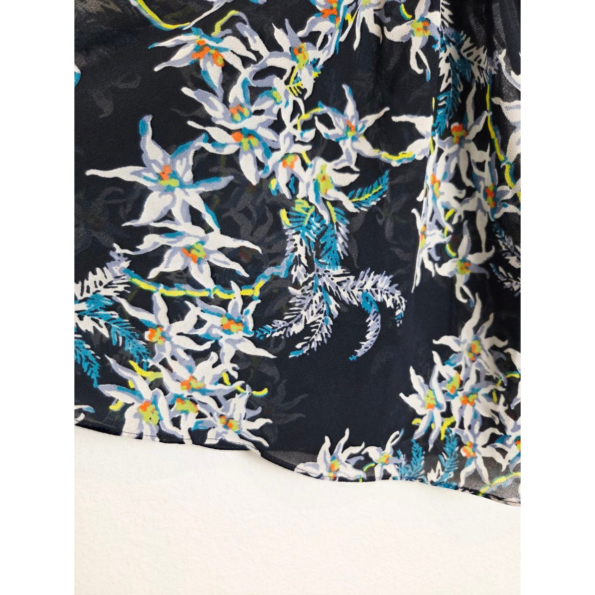 Botanical floral fabric close-up of Cinq à Sept Lyra navy floral mini dress