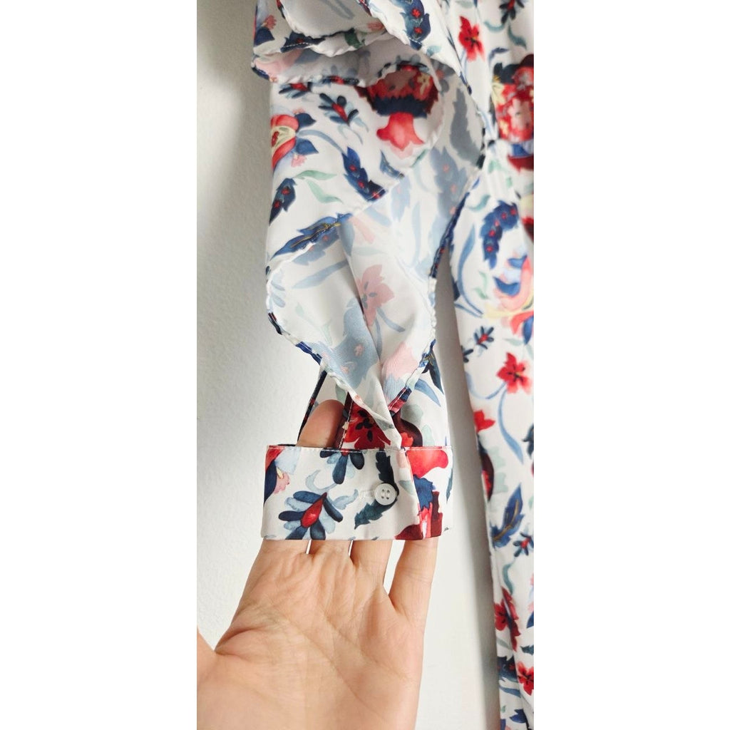 Sachin & Babi Multi Bloom Dress 2 Small Floral Pomegranate Print Faux Wrap Midi