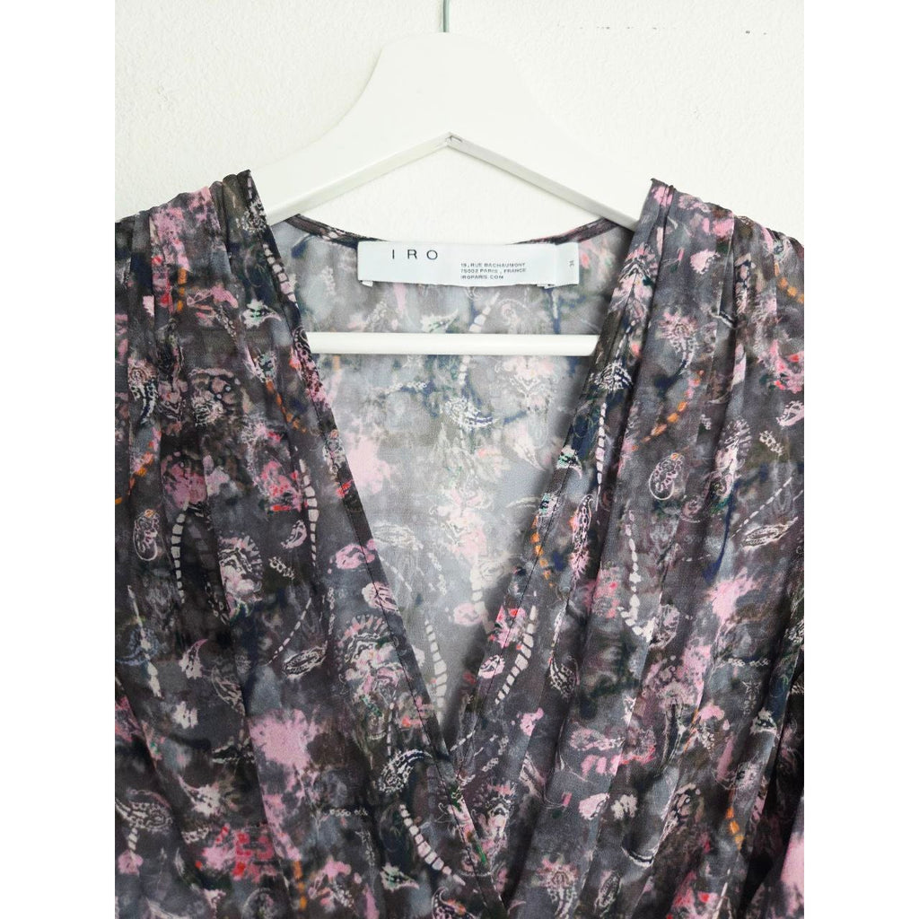 IRO Lolly Chiffon Mini Dress EU 34 XS 2 Black Pink Ruffle Bell Sleeve