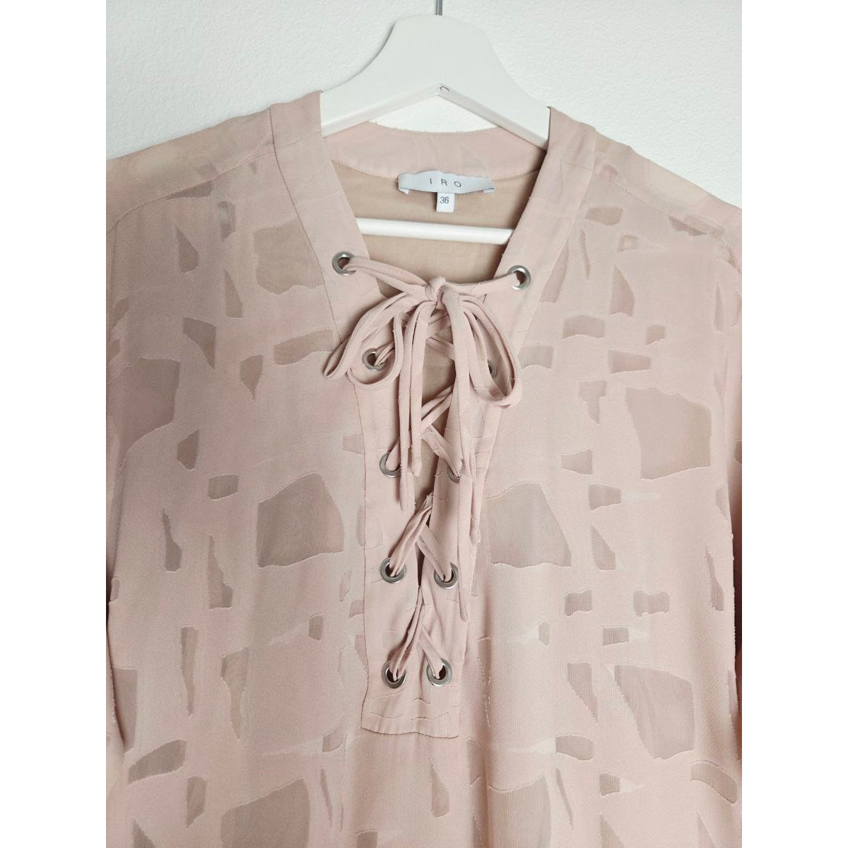IRO Ralene Dress EU 36 Small Blush Pink Nude Lace-Up Flounce Bell Sleeve