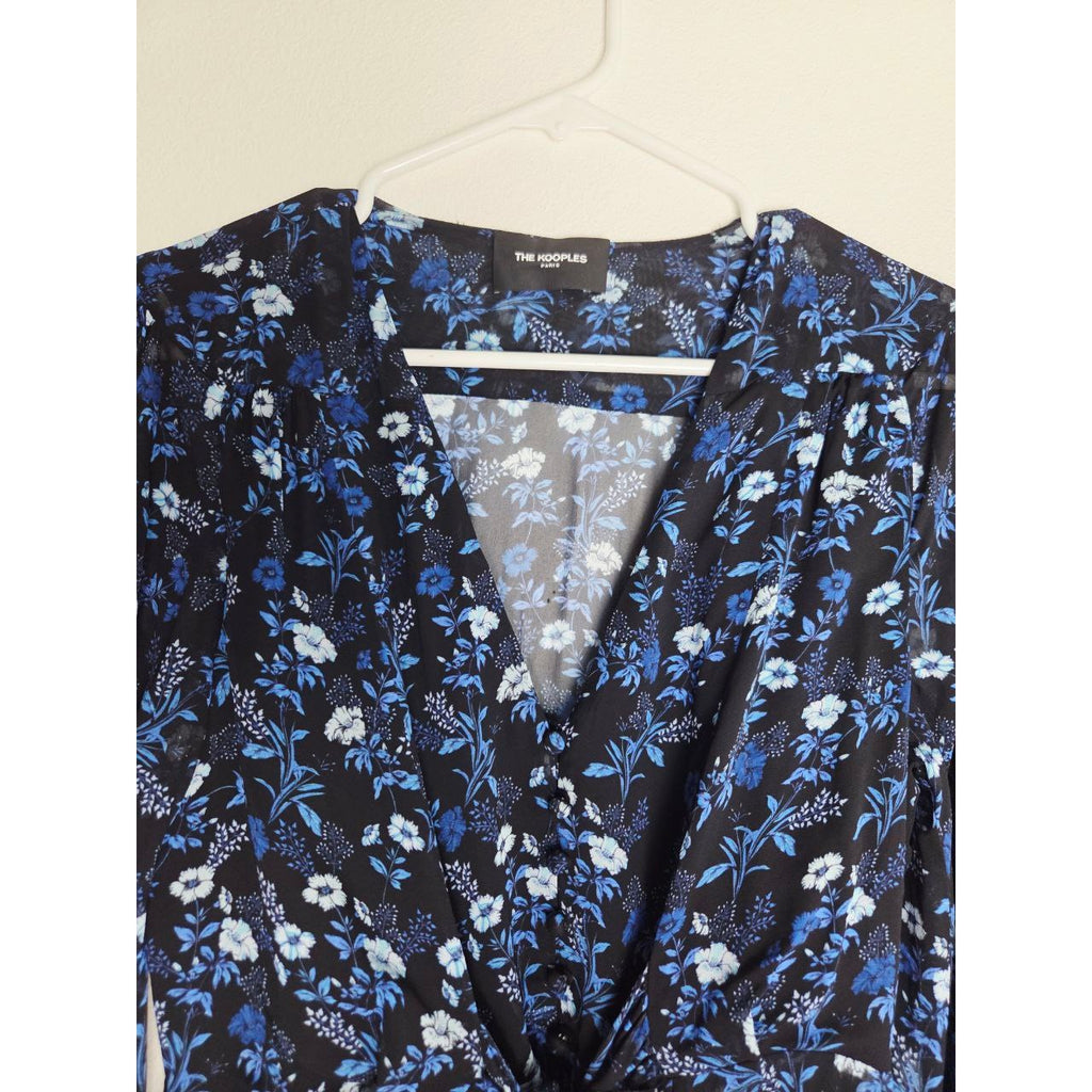 Kooples Floral Mini Dress Small 4 Blue Poppy Silk Look V Neck Wide Tie Waist