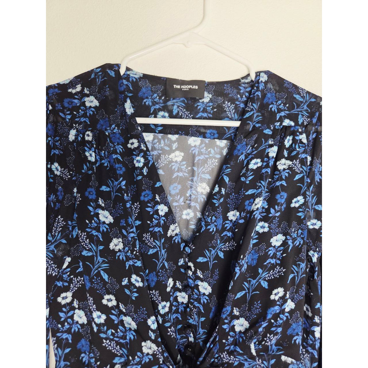 Kooples Floral Mini Dress Small 4 Blue Poppy Silk Look V Neck Wide Tie Waist