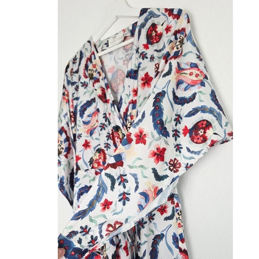 Sachin & Babi Multi Bloom Dress 2 Small Floral Pomegranate Print Faux Wrap Midi