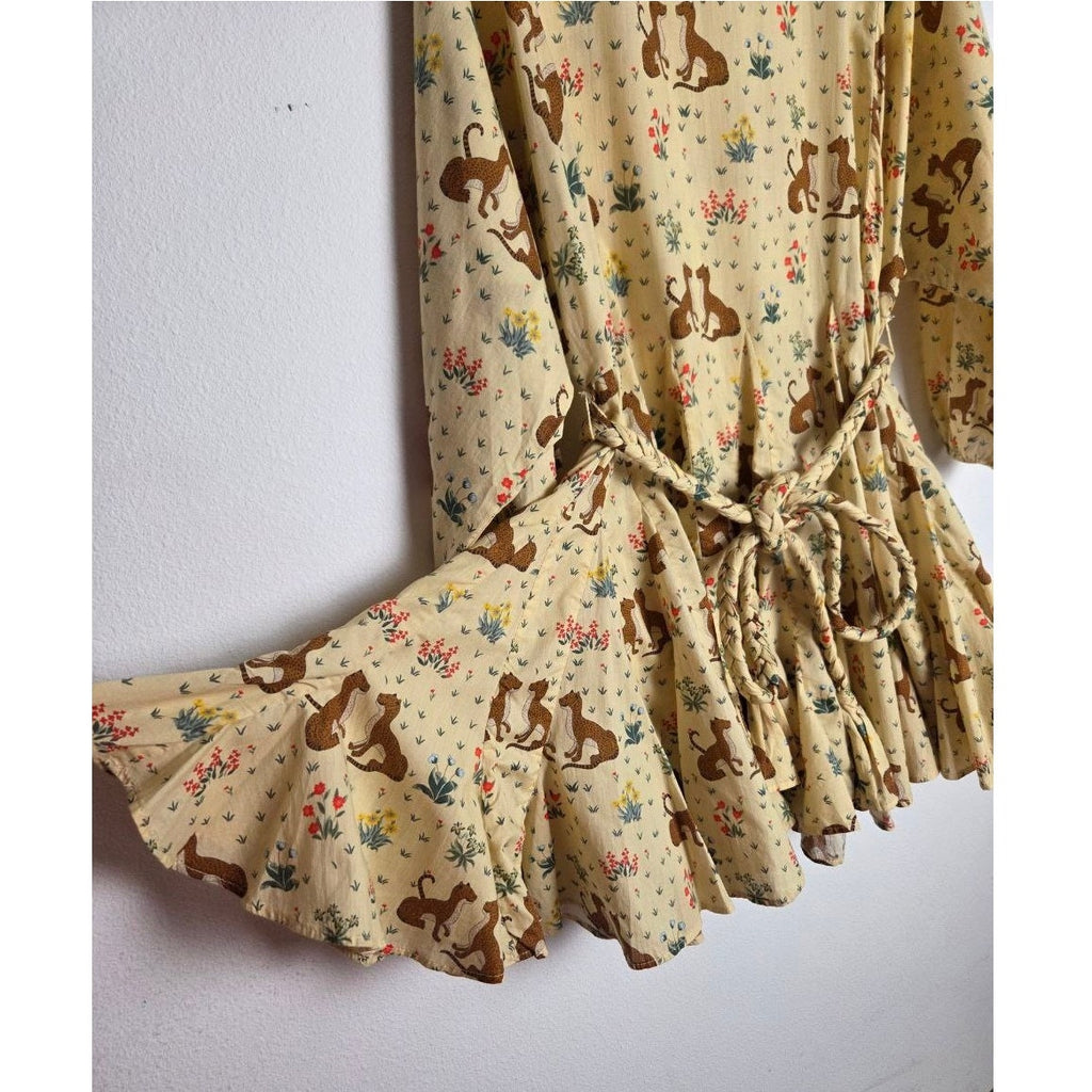 RHODE Safari Mini Dress XS Ella Buttercream Cheetah Floral Tie Waist Ruffle Hem