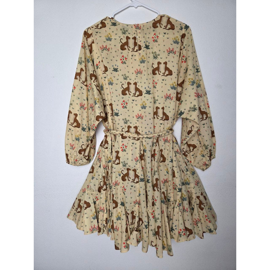 RHODE Safari Mini Dress XS Ella Buttercream Cheetah Floral Tie Waist Ruffle Hem
