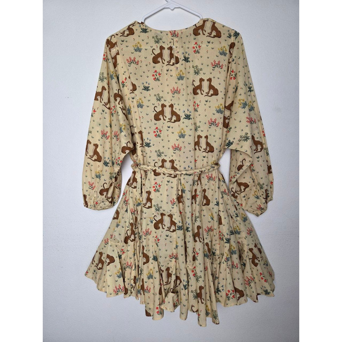 RHODE Safari Mini Dress XS Ella Buttercream Cheetah Floral Tie Waist Ruffle Hem