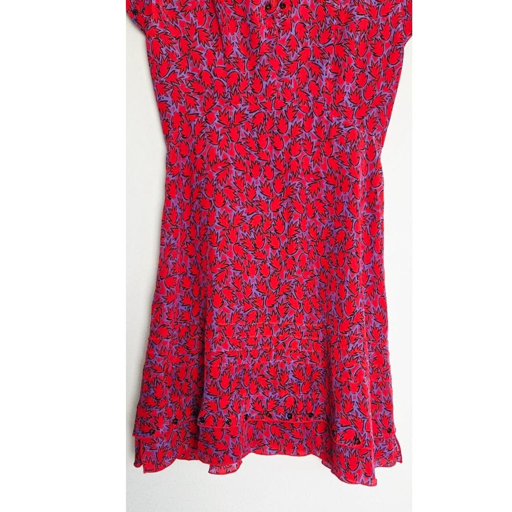 Derek Lam Silk Blend Mini Dress 2 Red Purple Grommet Trim Ruffle Hem Babydoll