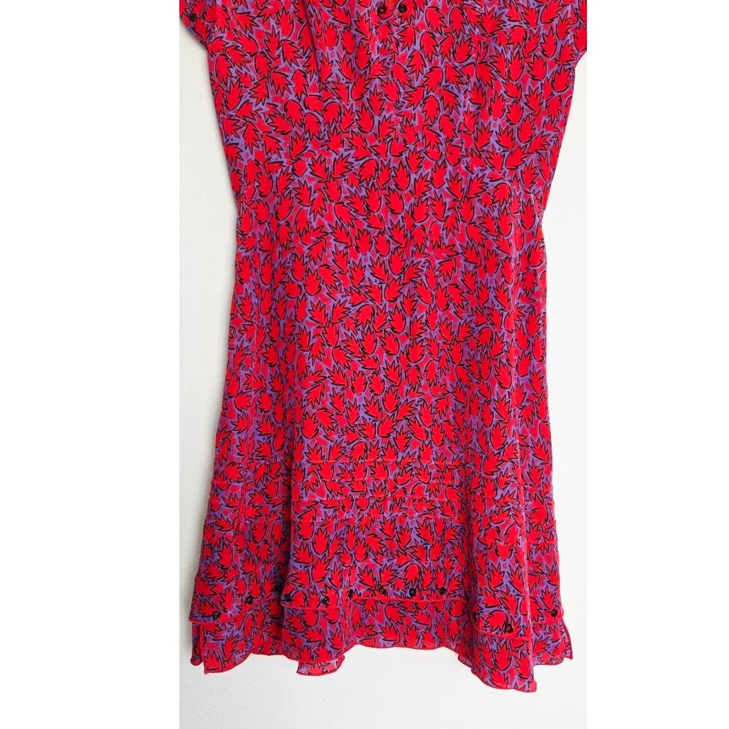 Derek Lam Silk Blend Mini Dress 2 Red Purple Grommet Trim Ruffle Hem Babydoll