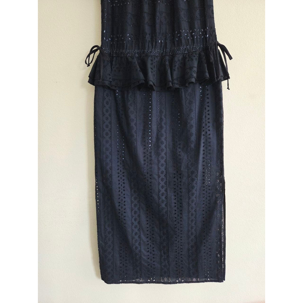 Katharine Kidd Flora Navy Eyelet Midi Dress XS Peplum Side Slit Pockets Made USA