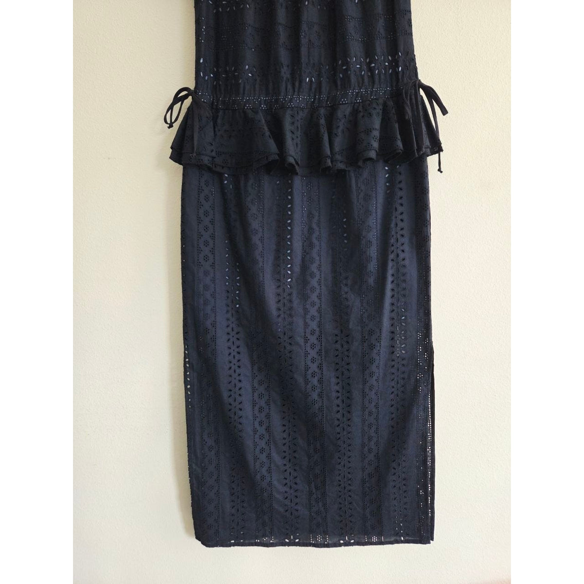 Katharine Kidd Flora Navy Eyelet Midi Dress XS Peplum Side Slit Pockets Made USA