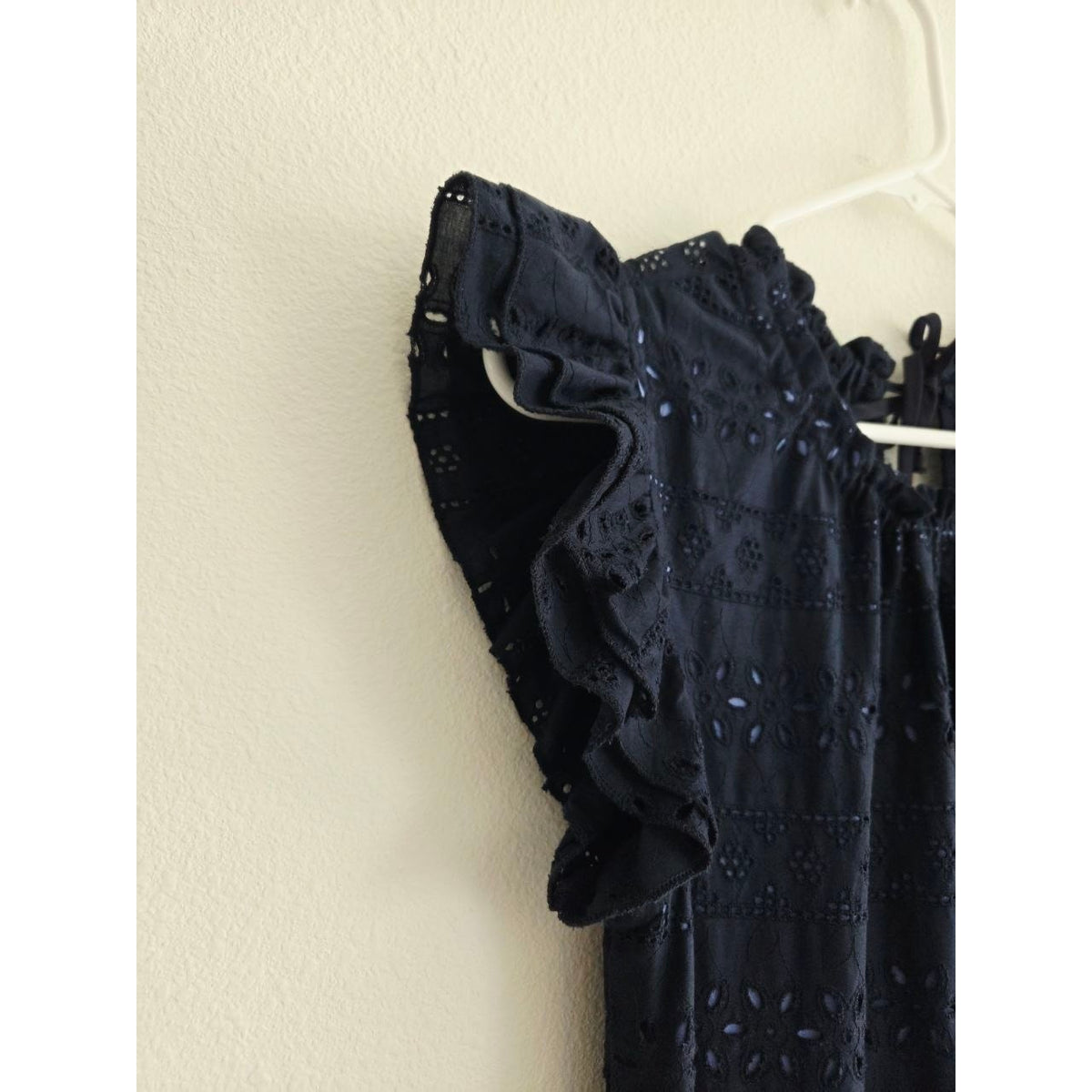 Katharine Kidd Flora Navy Eyelet Midi Dress XS Peplum Side Slit Pockets Made USA