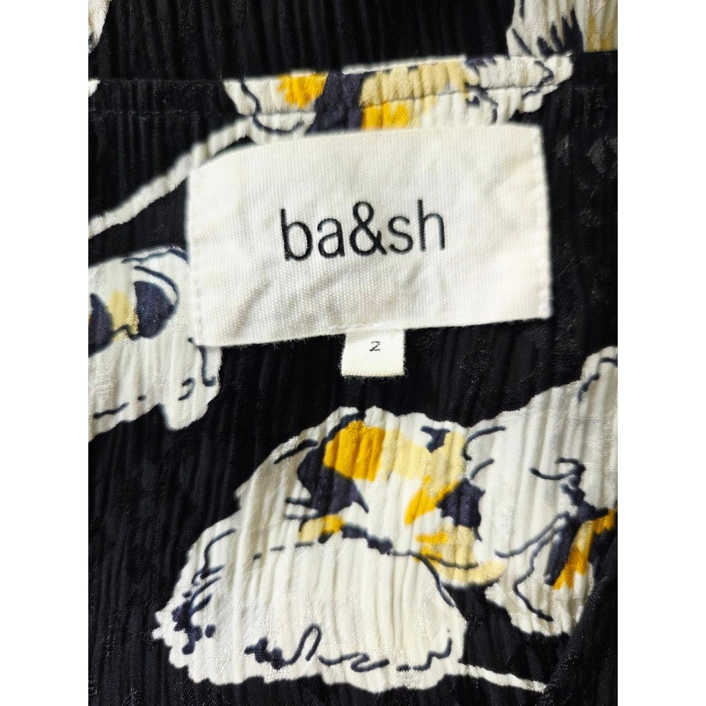 BA&SH Uta Floral Mini Dress 6 Medium Black Crinkled Babydoll Swing Boho