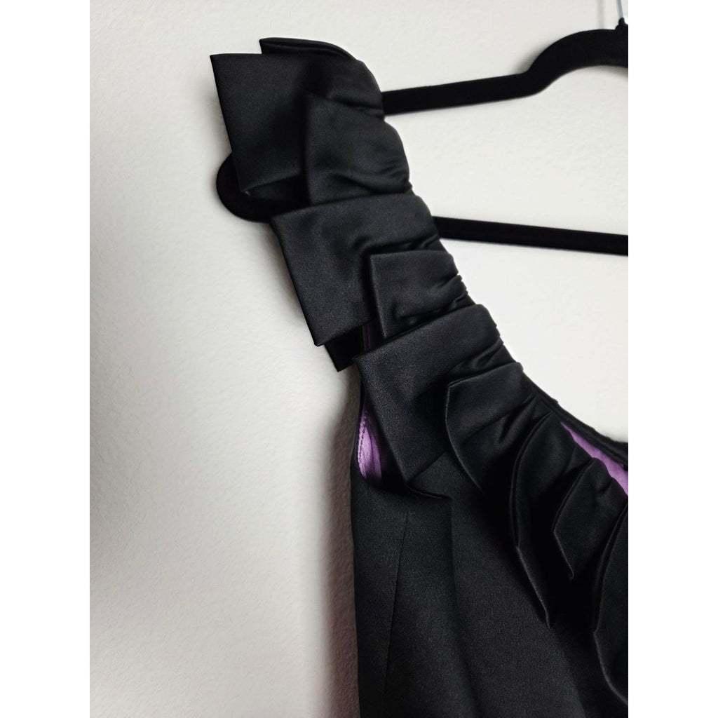 Milly Satin Cocktail Dress 2 XS Black Purple Ruffle Draped Sheath