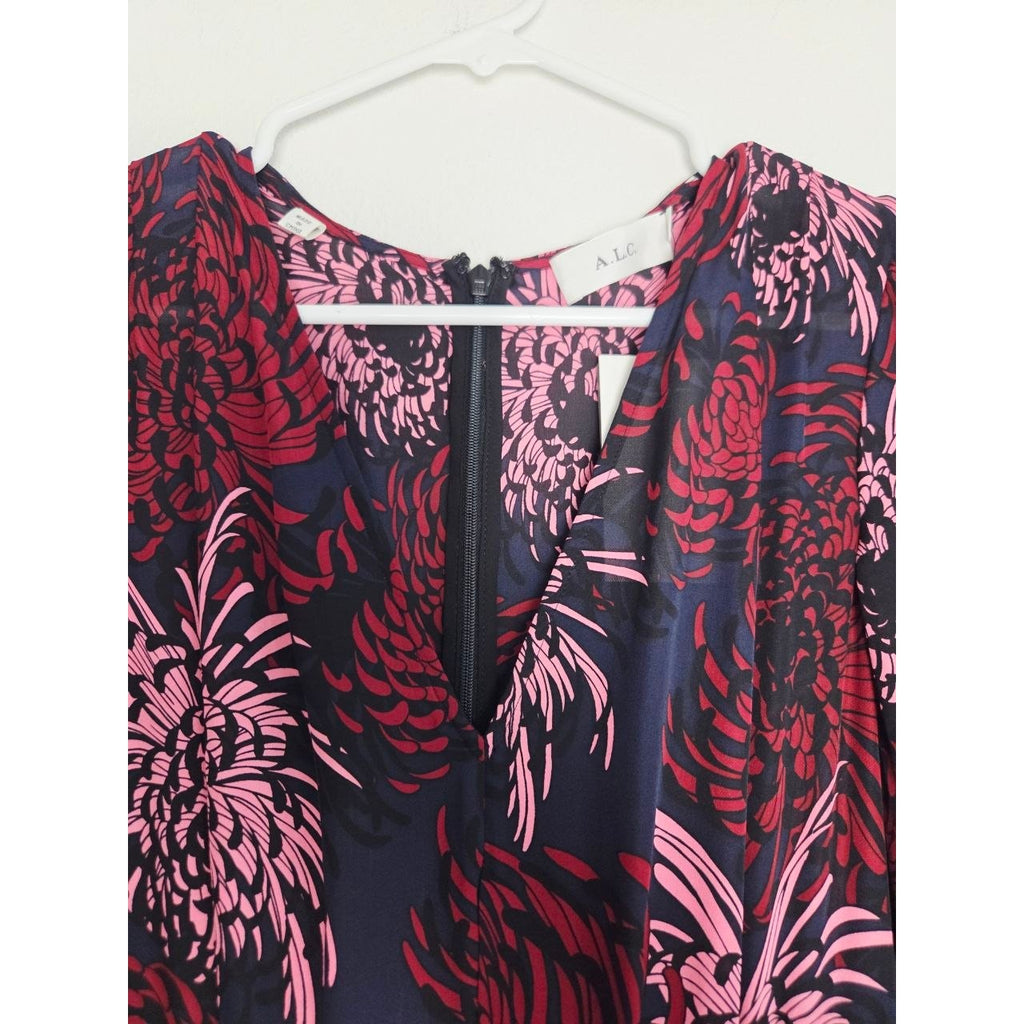 A.L.C. Bailey Silk Dress 0 XS Floral Long Sleeve Midi Side Pocket Skirt Slit NWT