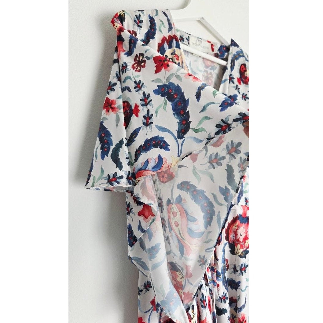 Sachin & Babi Multi Bloom Dress 2 Small Floral Pomegranate Print Faux Wrap Midi