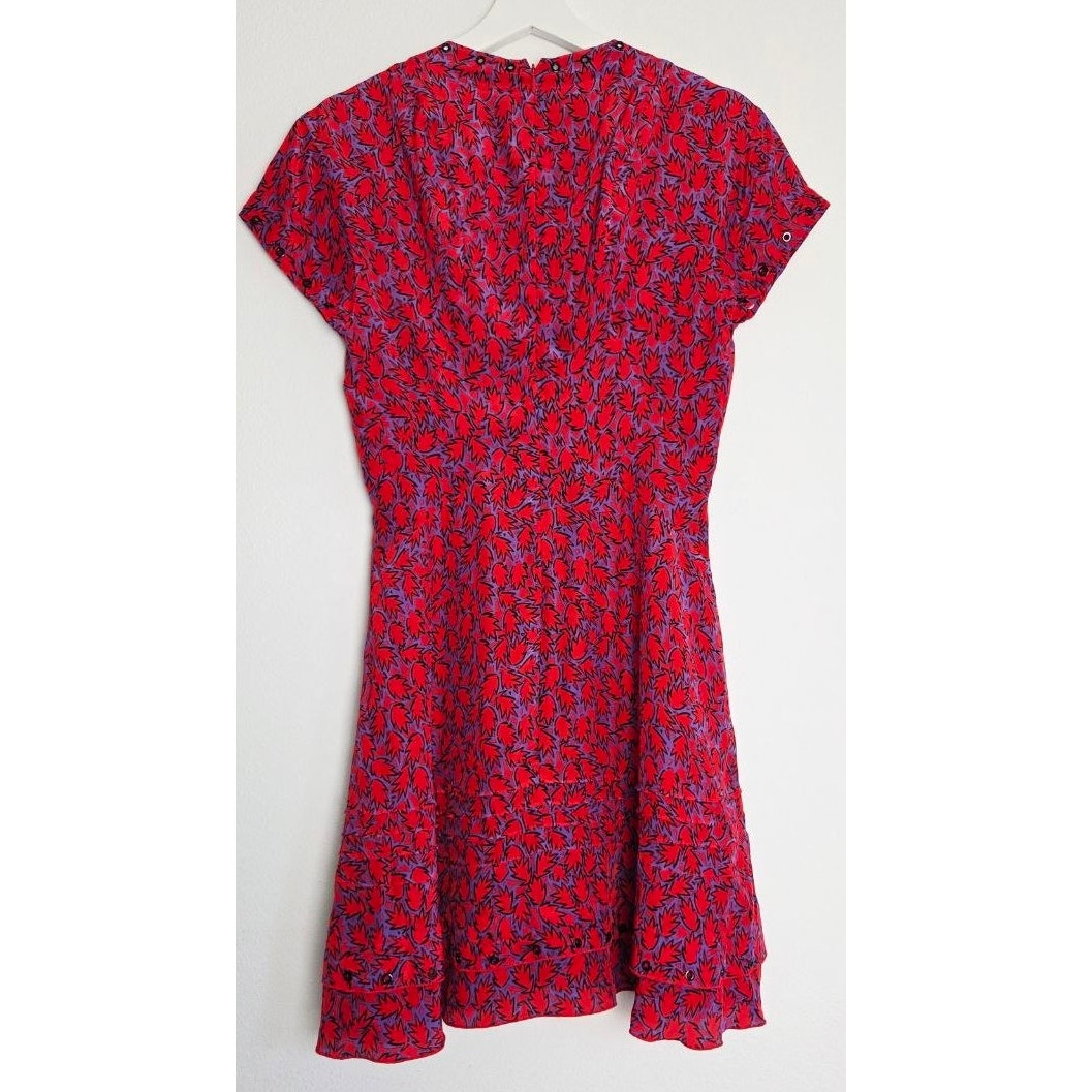 Derek Lam Silk Blend Mini Dress 2 Red Purple Grommet Trim Ruffle Hem Babydoll