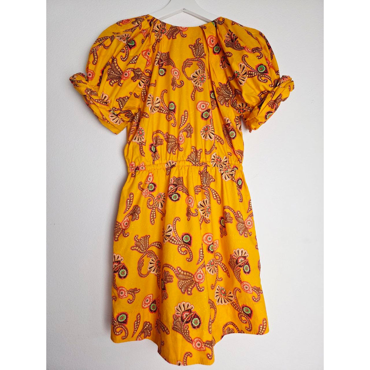 A.L.C. Mia Mini Dress 0 XS Yellow Paisley Puff Sleeves Drawstring Waist Pockets