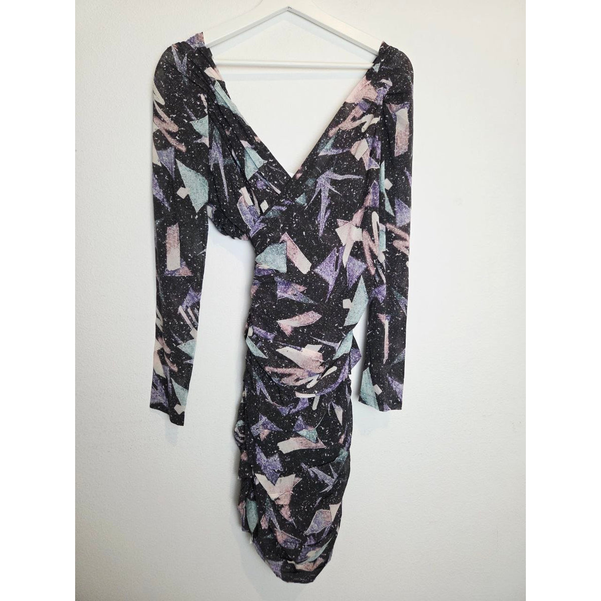 IRO Adecruz Silk Mini Dress XS 2 FR 34 Ruched Long Sleeve Abstract Print NWT