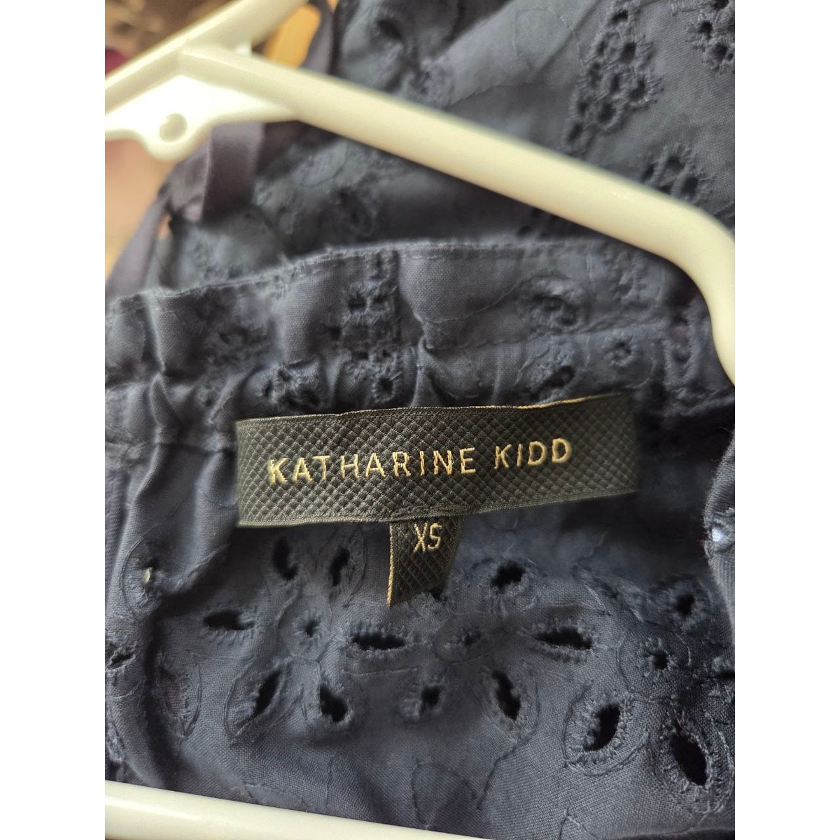 Katharine Kidd Flora Navy Eyelet Midi Dress XS Peplum Side Slit Pockets Made USA