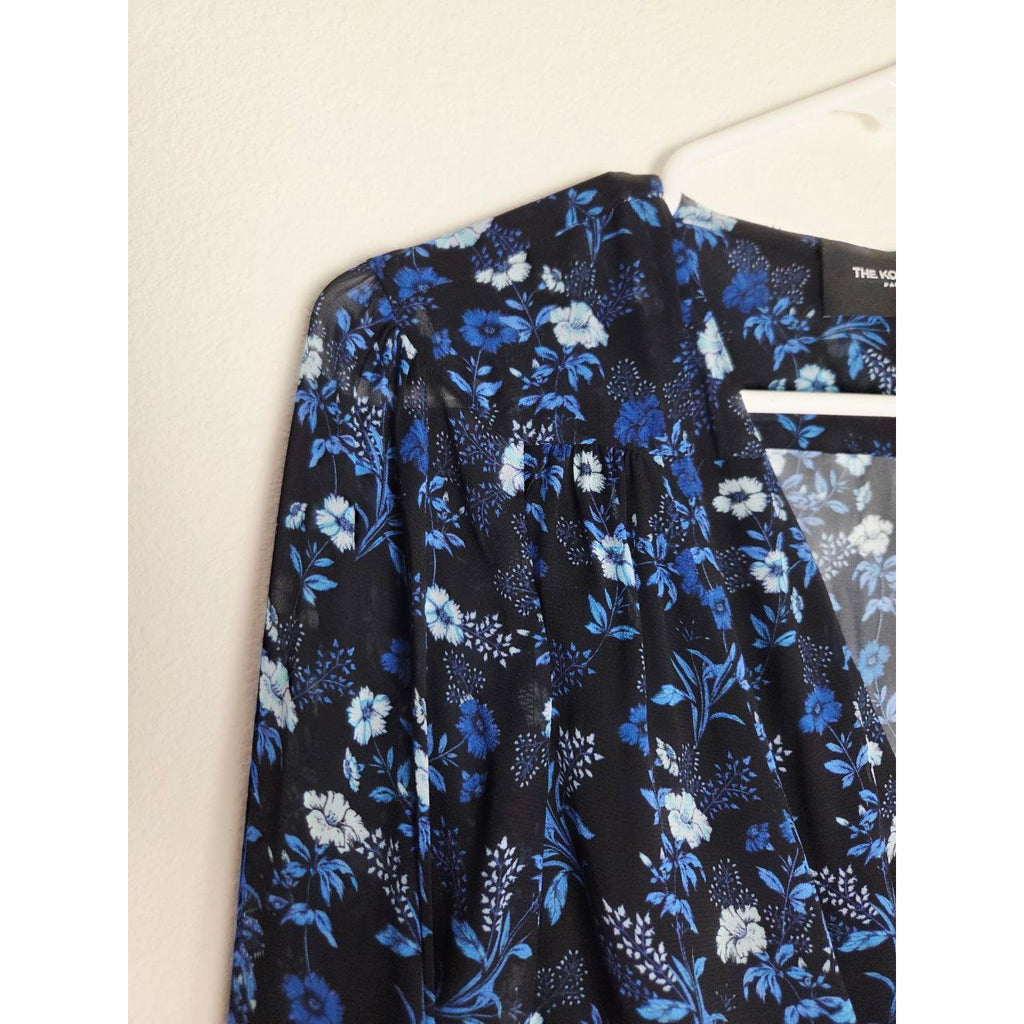 Kooples Floral Mini Dress Small 4 Blue Poppy Silk Look V Neck Wide Tie Waist