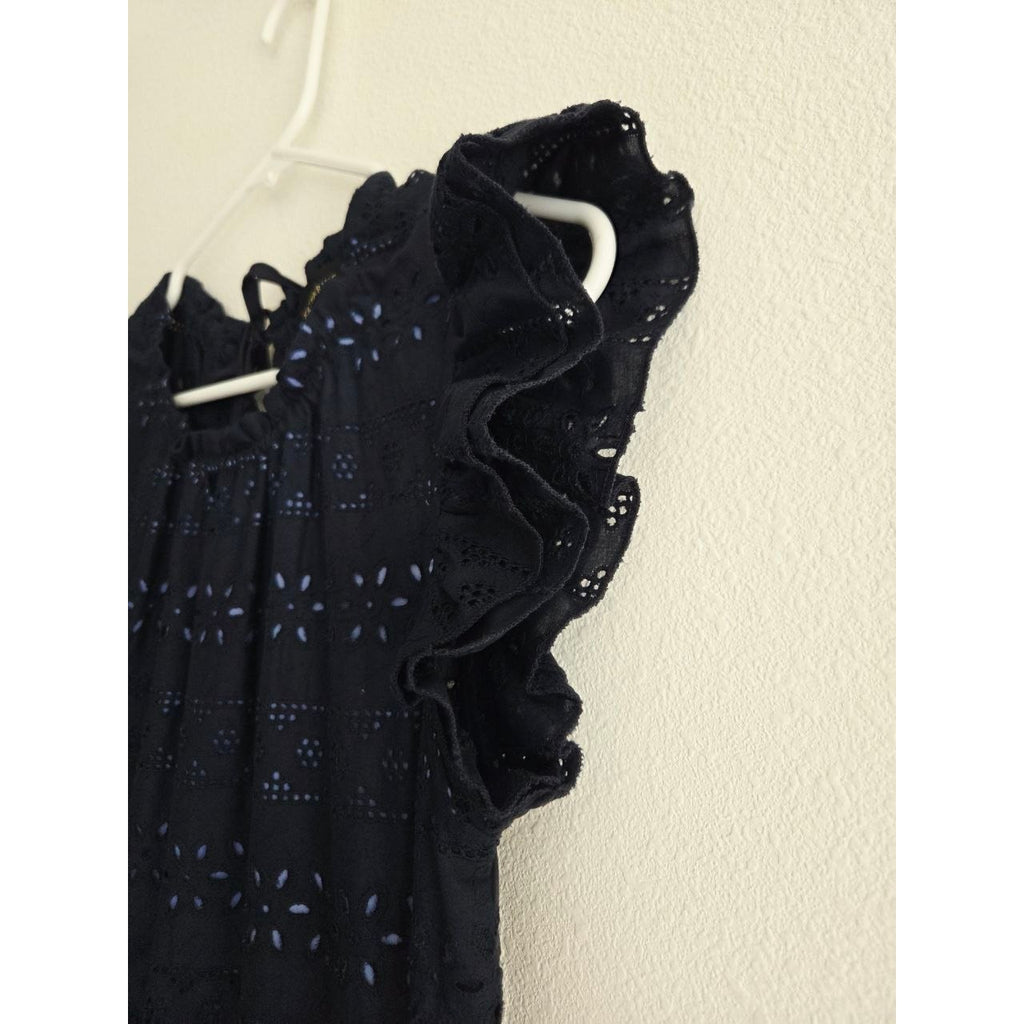 Katharine Kidd Flora Navy Eyelet Midi Dress XS Peplum Side Slit Pockets Made USA