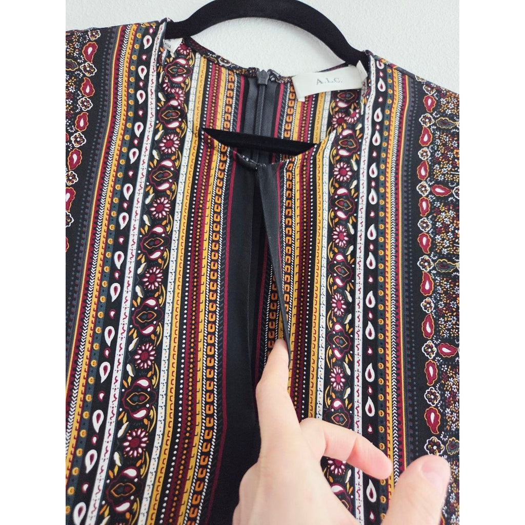 A.L.C. Silk Dress 0 XS Vicky Mini Long Sleeves Scarf Print Asymmetrical Hem Boho