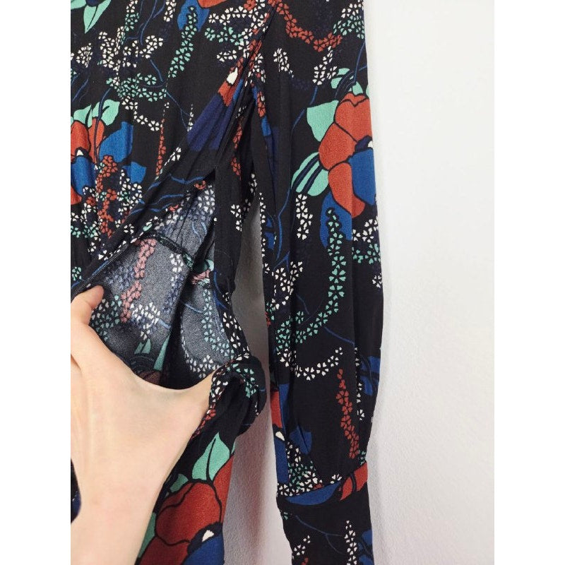 ba&sh Floral Midi Dress 4 XS Abelia Noir Open Back Long Sleeves Belted