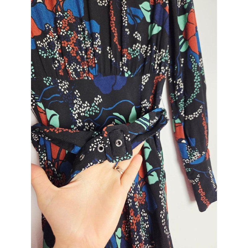 ba&sh Floral Midi Dress 4 XS Abelia Noir Open Back Long Sleeves Belted