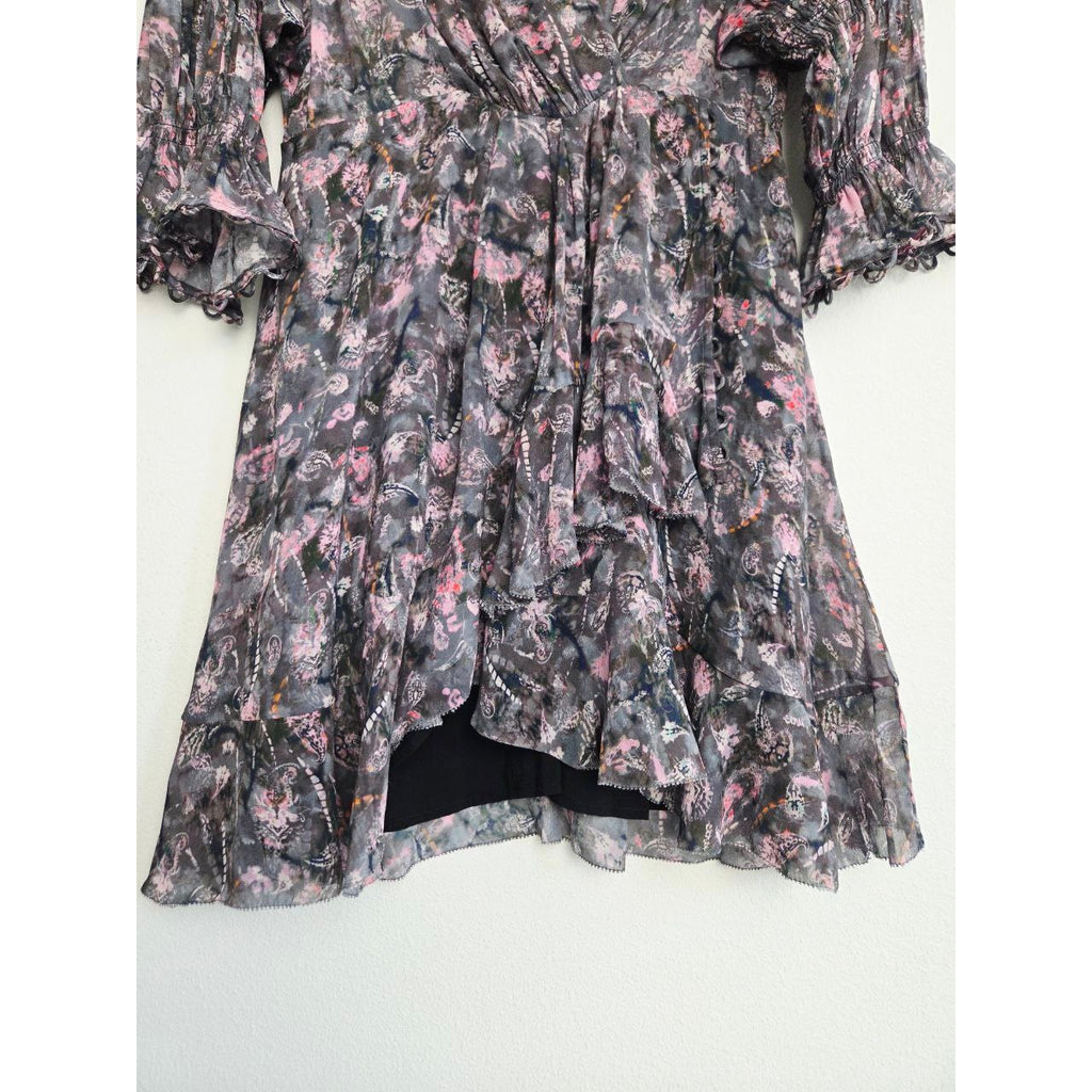 IRO Lolly Chiffon Mini Dress EU 34 XS 2 Black Pink Ruffle Bell Sleeve