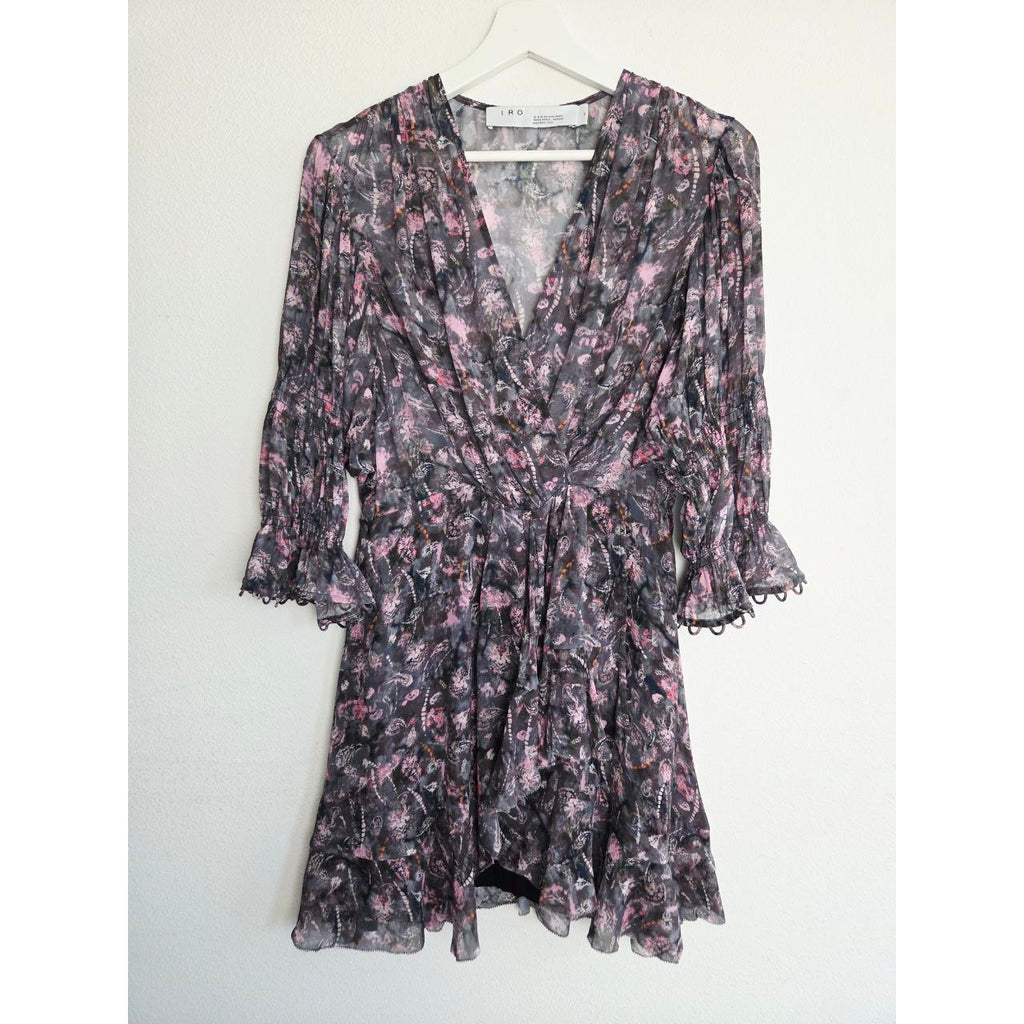 IRO Lolly Chiffon Mini Dress EU 34 XS 2 Black Pink Ruffle Bell Sleeve