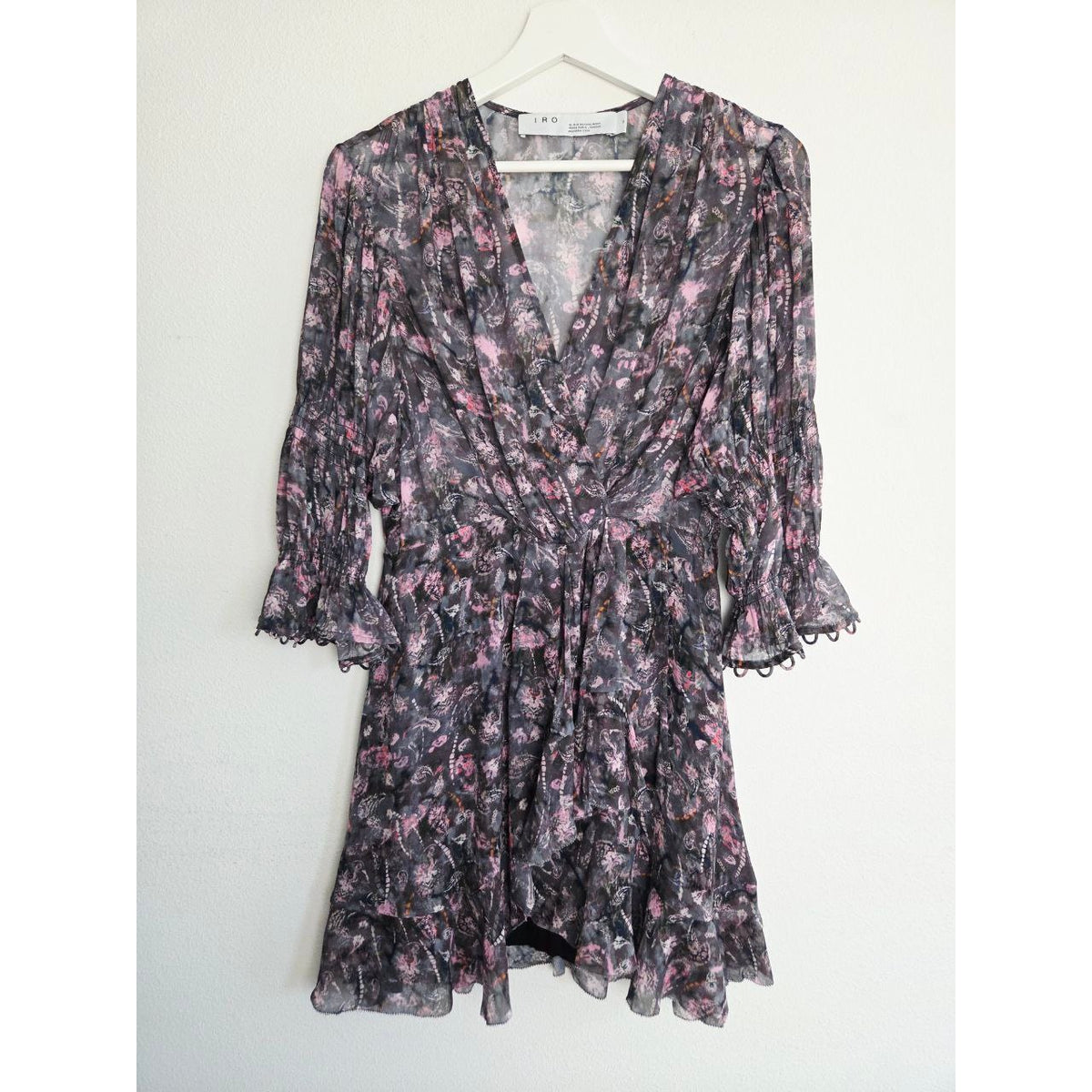 IRO Lolly Chiffon Mini Dress EU 34 XS 2 Black Pink Ruffle Bell Sleeve