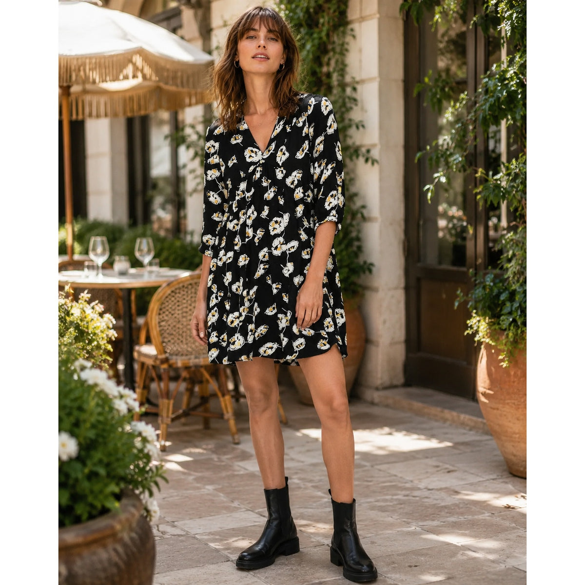 ba&sh Uta Black Floral Babydoll Mini Dress Size 2