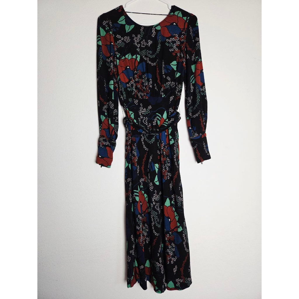 ba&sh Floral Midi Dress 4 XS Abelia Noir Open Back Long Sleeves Belted