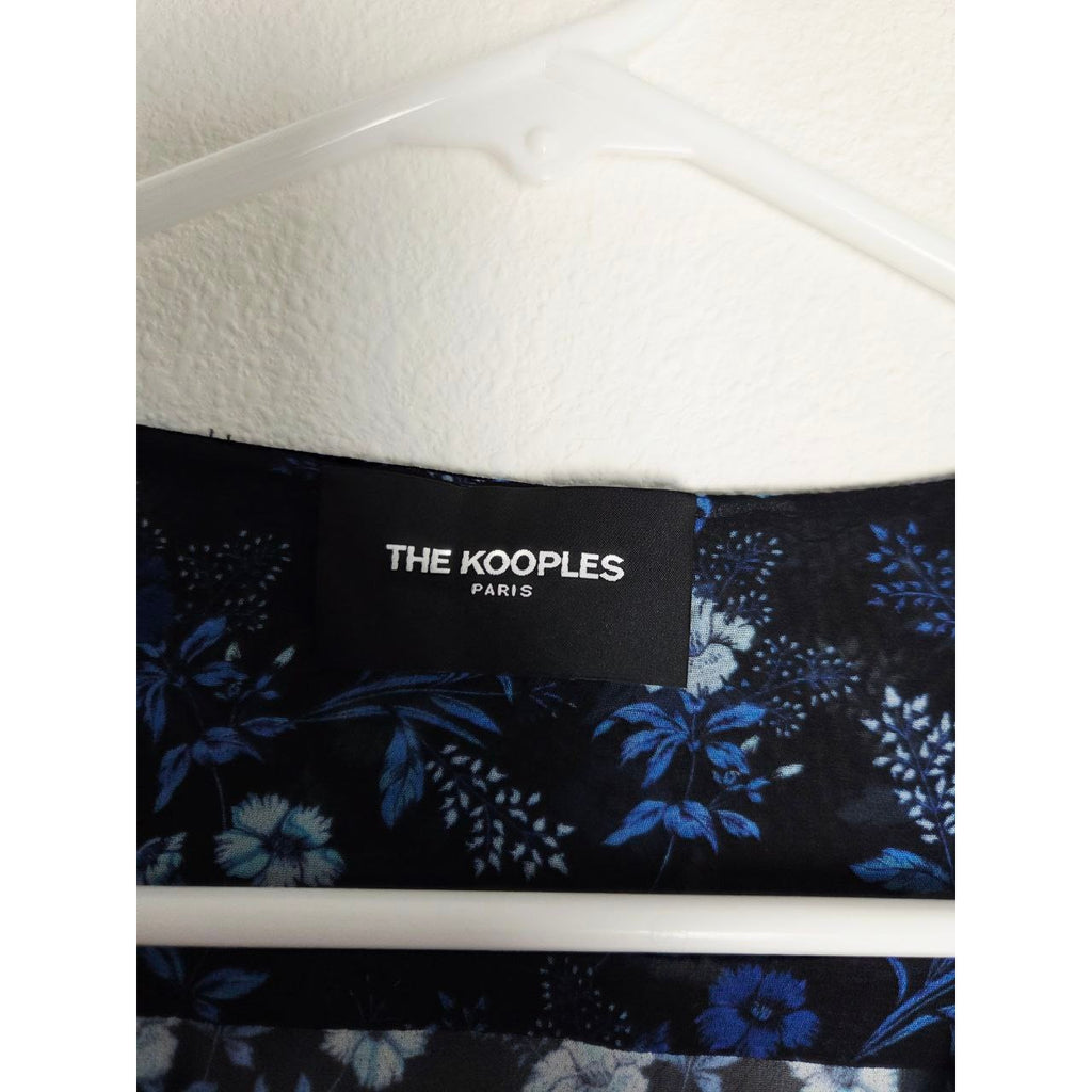 Kooples Floral Mini Dress Small 4 Blue Poppy Silk Look V Neck Wide Tie Waist