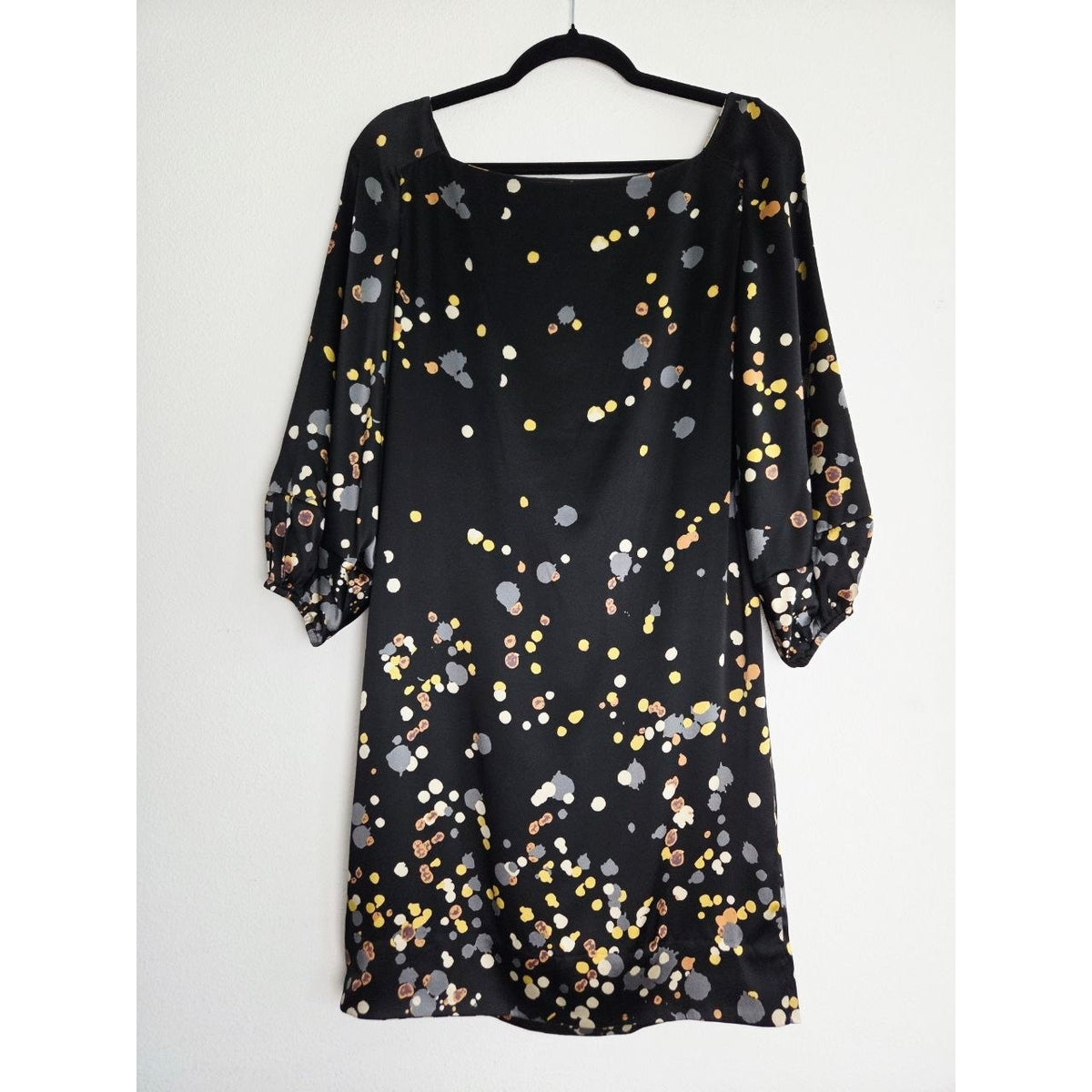 Diane von Furstenberg Silk Dress 2 XS Black Confetti 3/4 Balloon Sleeve Square