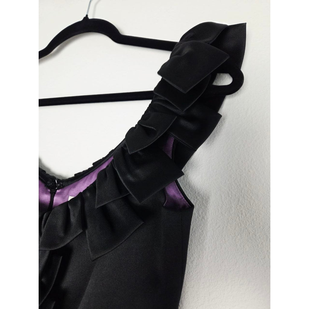 Milly Satin Cocktail Dress 2 XS Black Purple Ruffle Draped Sheath