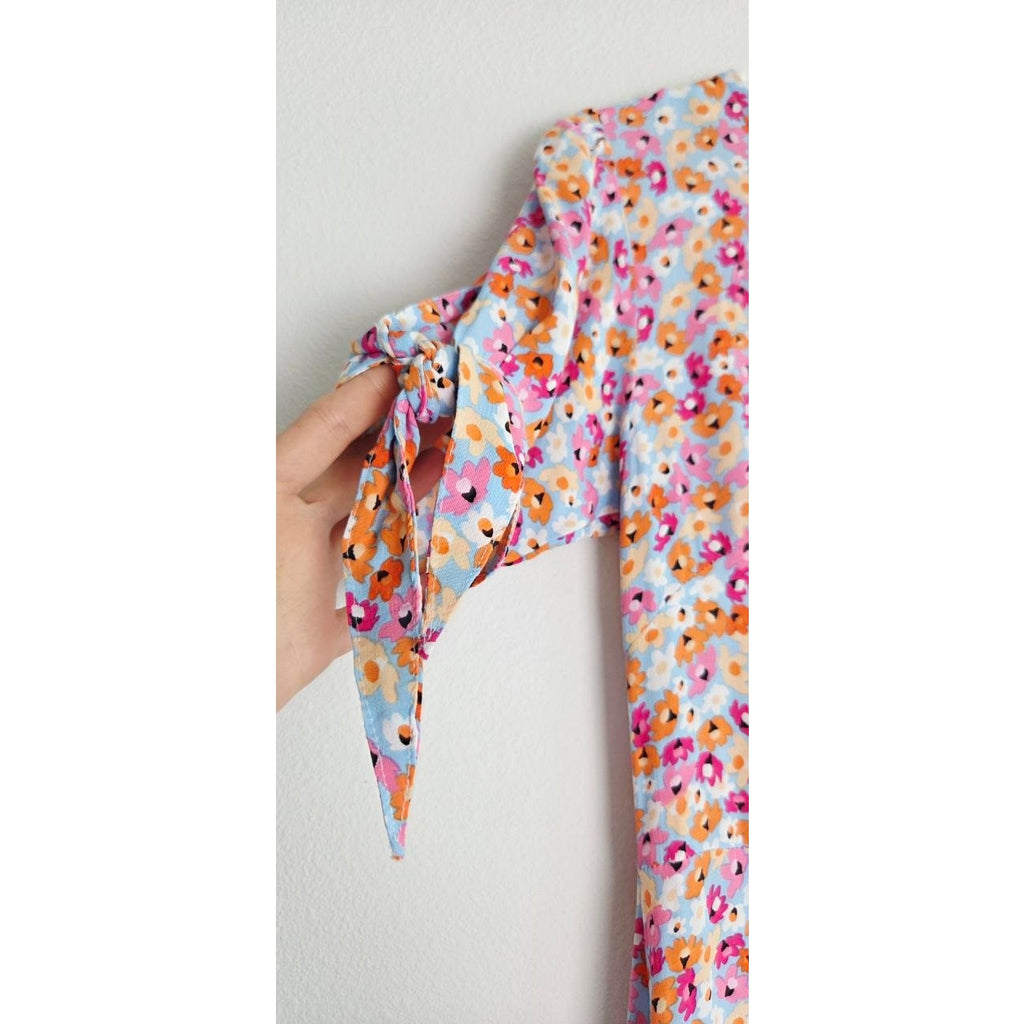 Faithfull The Brand Daphne Mini Dress XS 2 Turnesol Floral Tie Sleeve Ruffle Hem