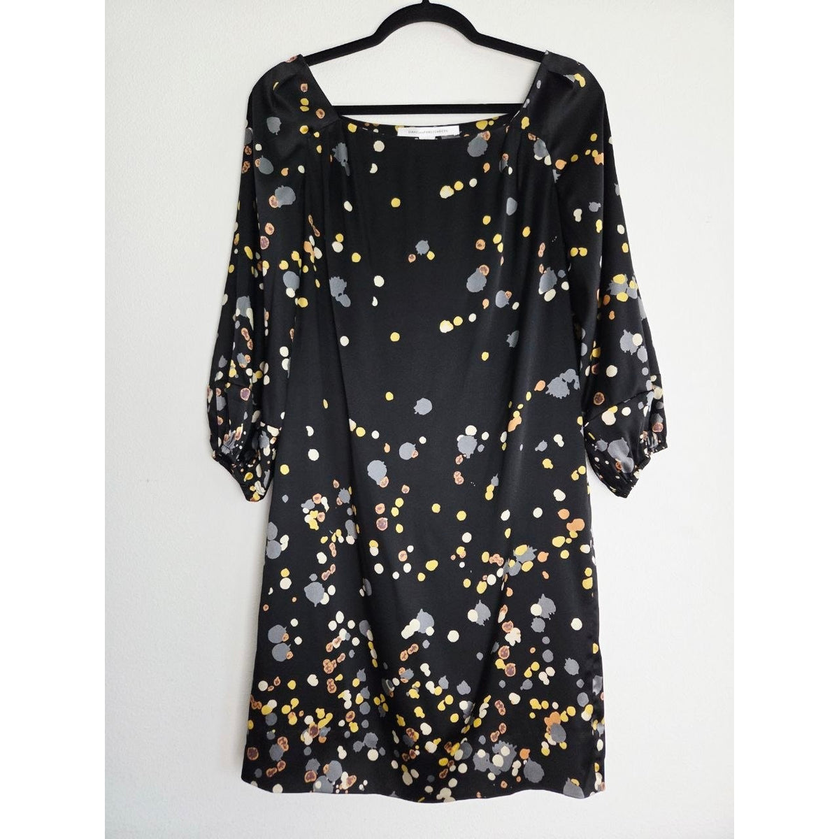 Diane von Furstenberg Silk Dress 2 XS Black Confetti 3/4 Balloon Sleeve Square