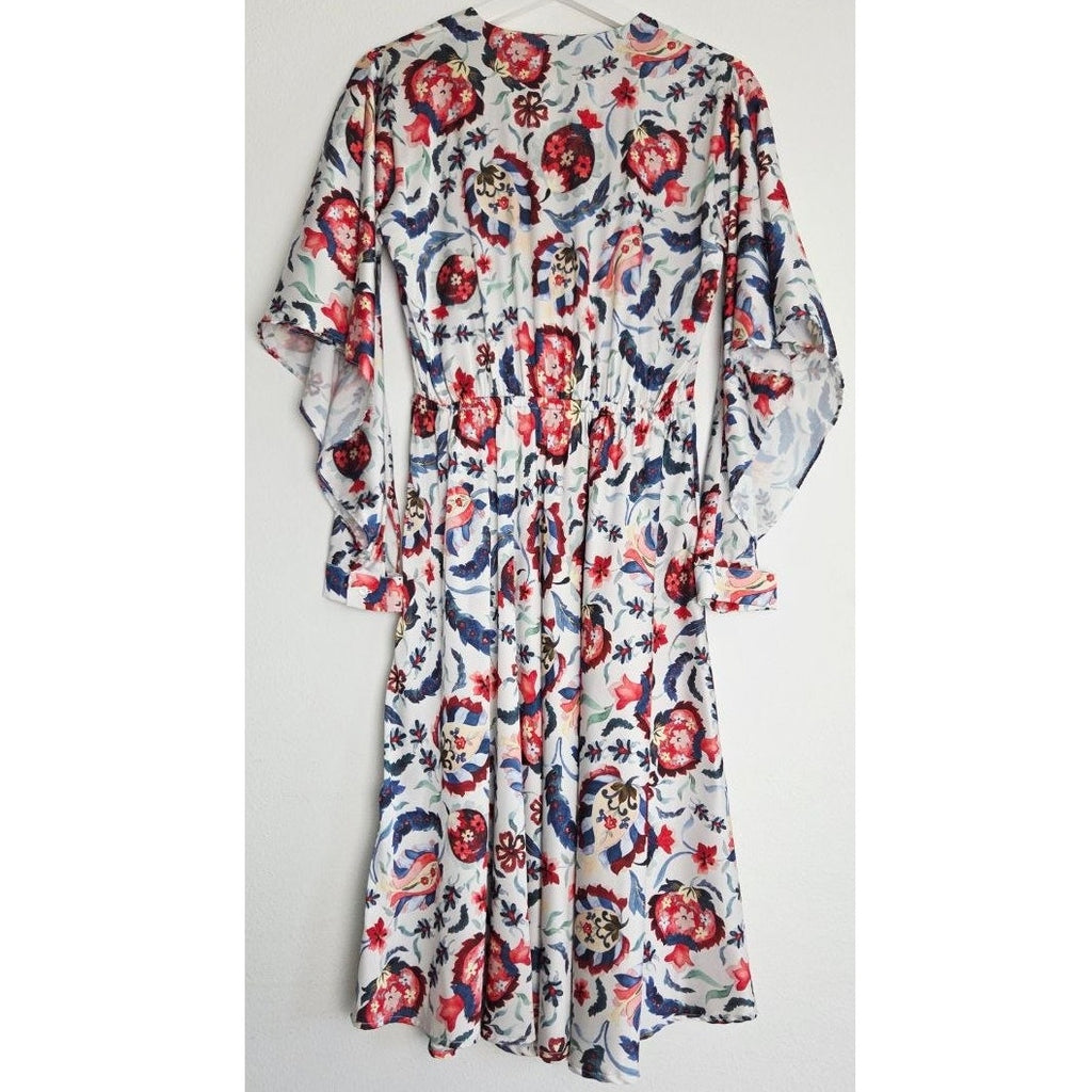 Sachin & Babi Multi Bloom Dress 2 Small Floral Pomegranate Print Faux Wrap Midi