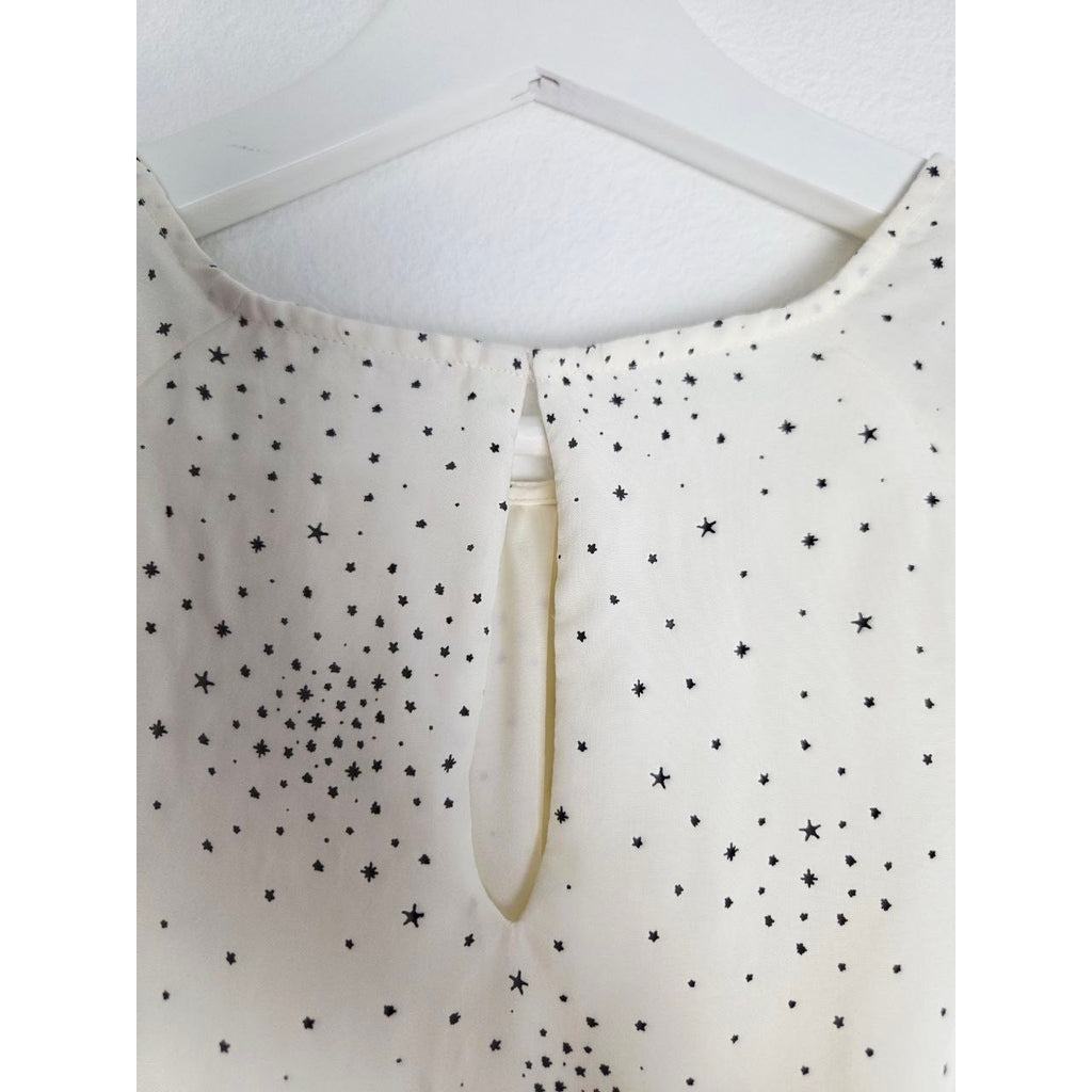 Back neckline button and keyhole of Maje Reto ecru star-print dress