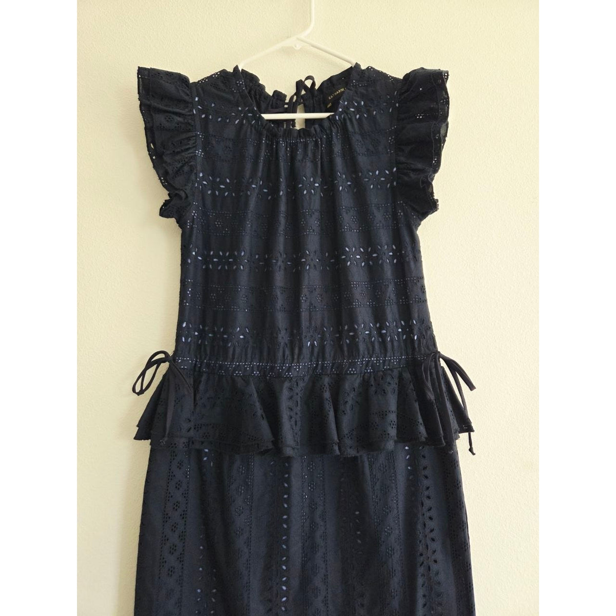 Katharine Kidd Flora Navy Eyelet Midi Dress XS Peplum Side Slit Pockets Made USA