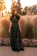 Black lace full-length evening dress with short sleeves, full front view