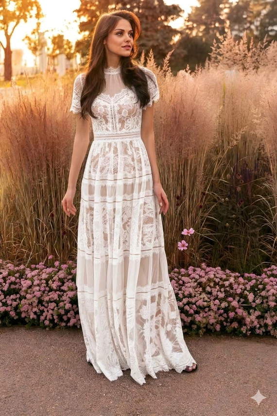 White lace evening dress with flowing skirt, angled front view