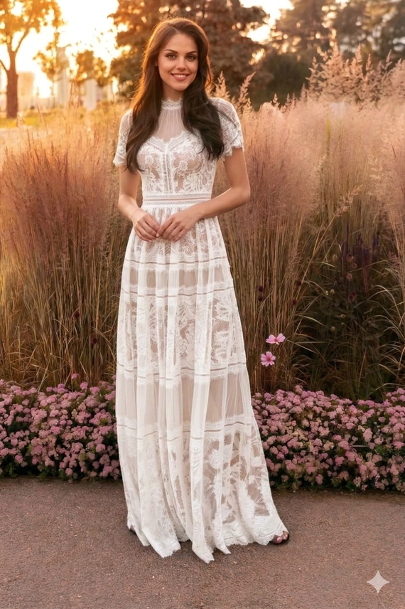 White lace full-length evening dress with short sleeves, front view