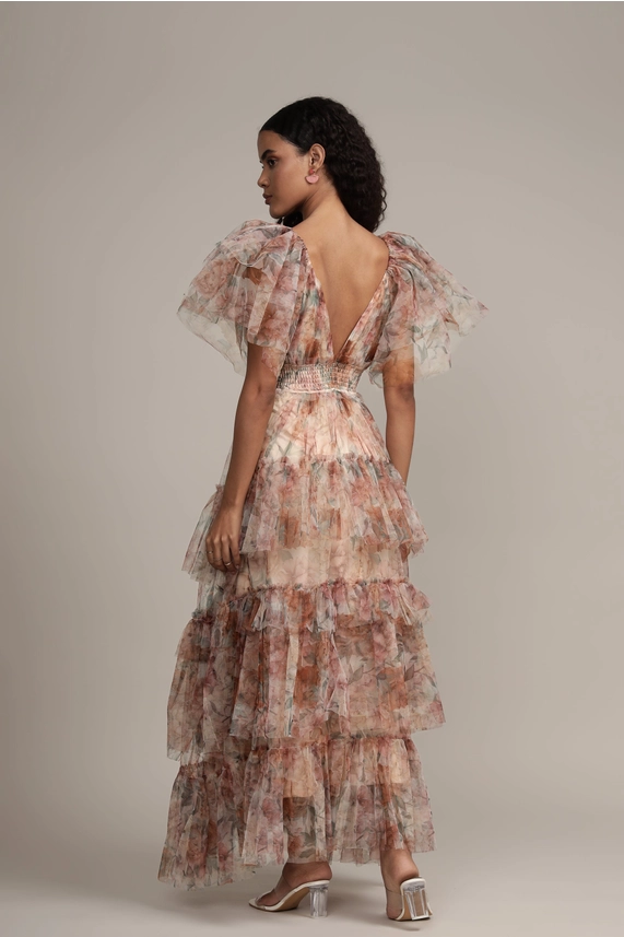 Back view of Lace & Beads Jasmine floral dress showing V back and tiered maxi skirt