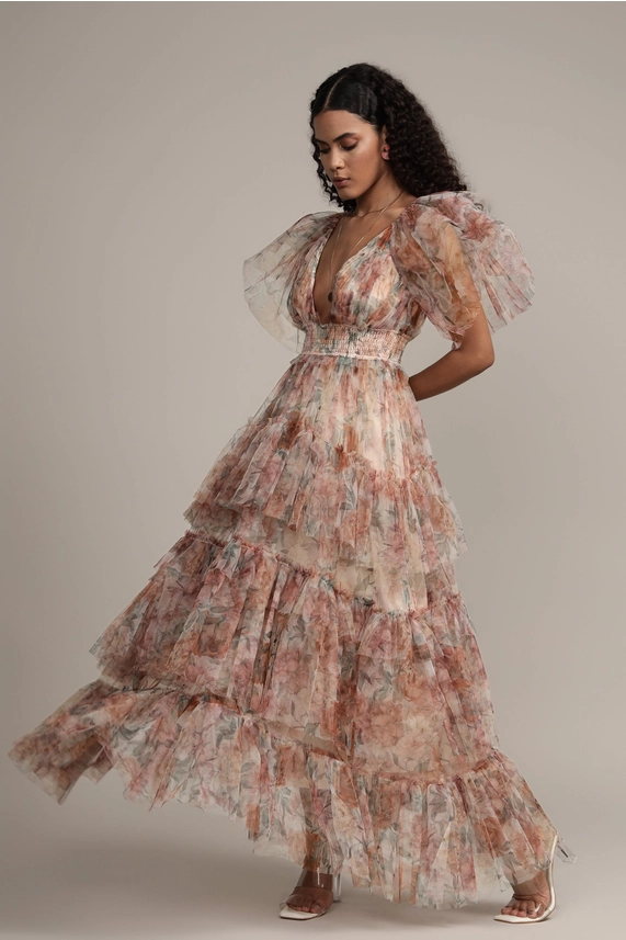 Lace & Beads Jasmine occasion maxi dress with soft brown and blush floral tulle layers in motion