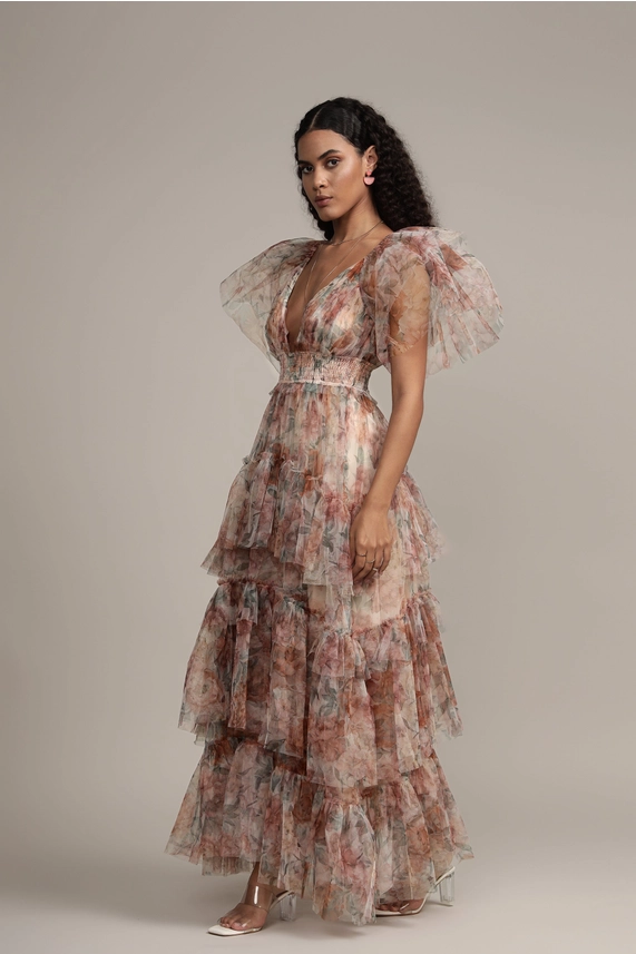 Lace & Beads Jasmine brown floral tulle maxi dress, front three-quarter view with layered skirt and ruffled sleeves