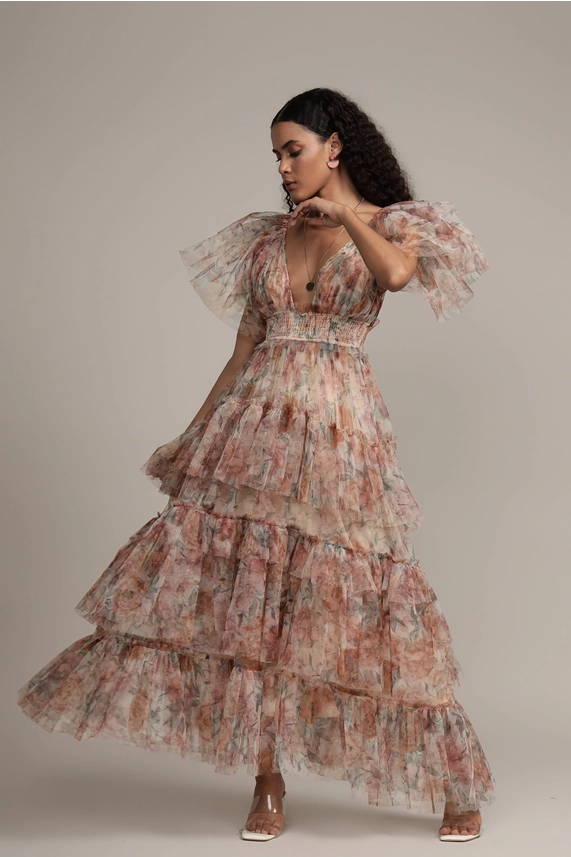 Full flowing tiered tulle skirt on Lace & Beads Jasmine floral maxi dress